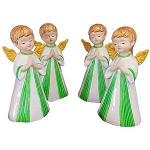 1960's VTG Japan Christmas Angels Figurines Hand-painted Green White PONYTAIL 6"